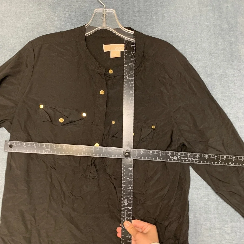 Michael Kors Blouse Top Womens 1X Black Pockets Roll Tab Sleeve Casual Pullover